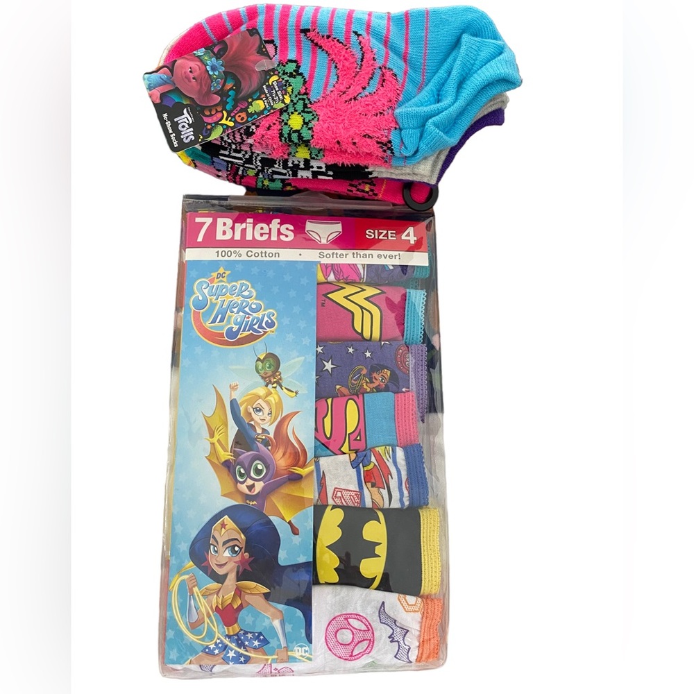 7 Super Hero Girls Briefs Size: 4 and 6 Trolls No Show Socks Size 7 1/2 …